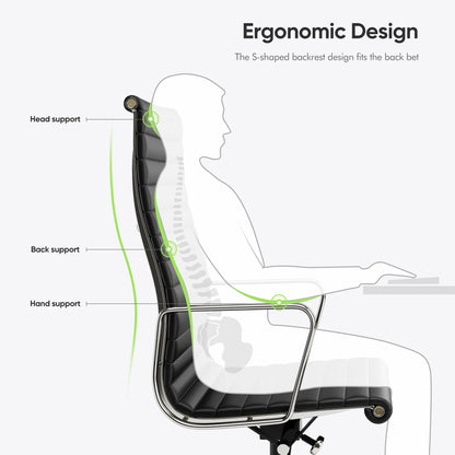 Bureaustoel – Werkstoel – Kantoorstoel – Ergonomische Stoel – Stoel Met Echt Leer – Aluminium Frame – S-vormige Rugleuning - met Lage Rug