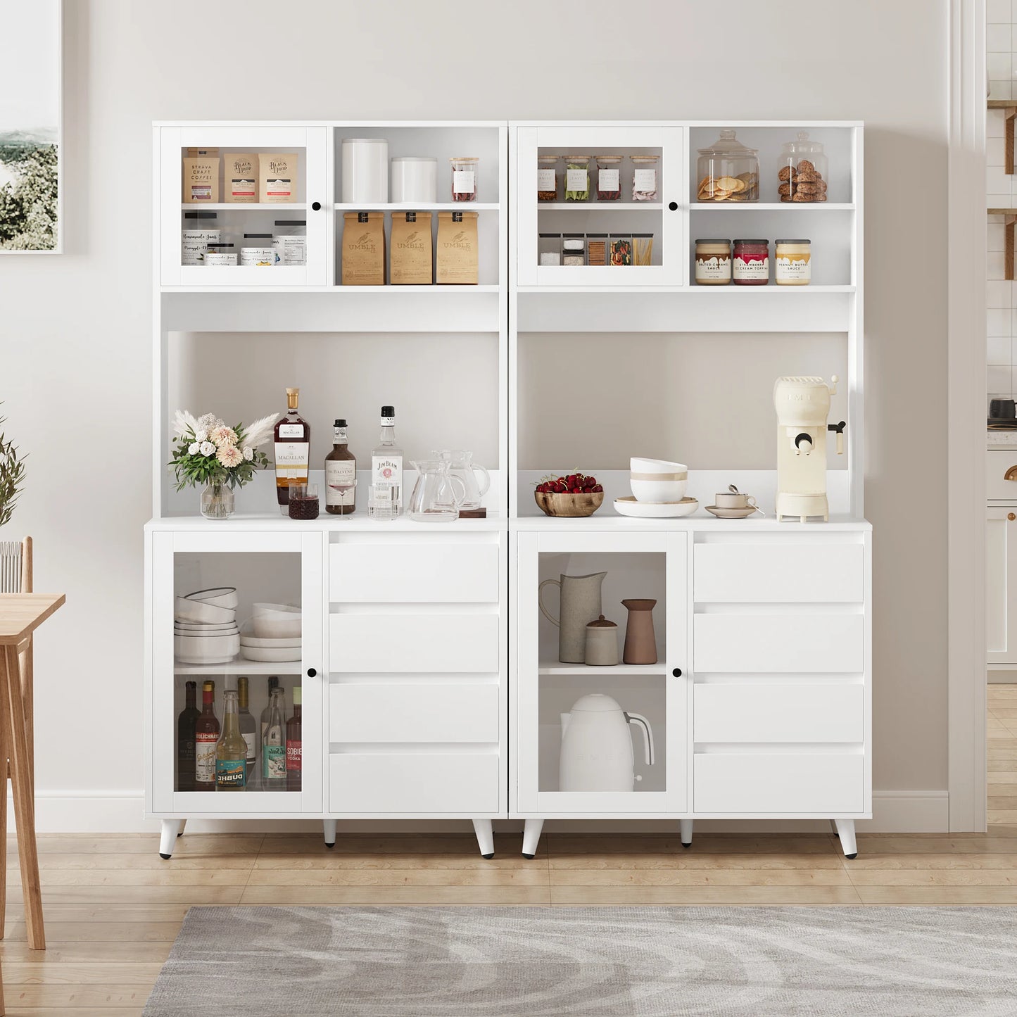 Hoge keukenkast – keukenkastje – voorraadkast – buffetkast – kast met lades – 180 cm hoog – MDF wit met glazen deuren en werkblad