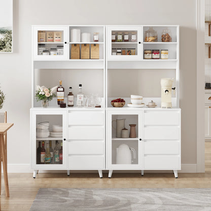 Hoge keukenkast – keukenkastje – voorraadkast – buffetkast – kast met lades – 180 cm hoog – MDF wit met glazen deuren en werkblad