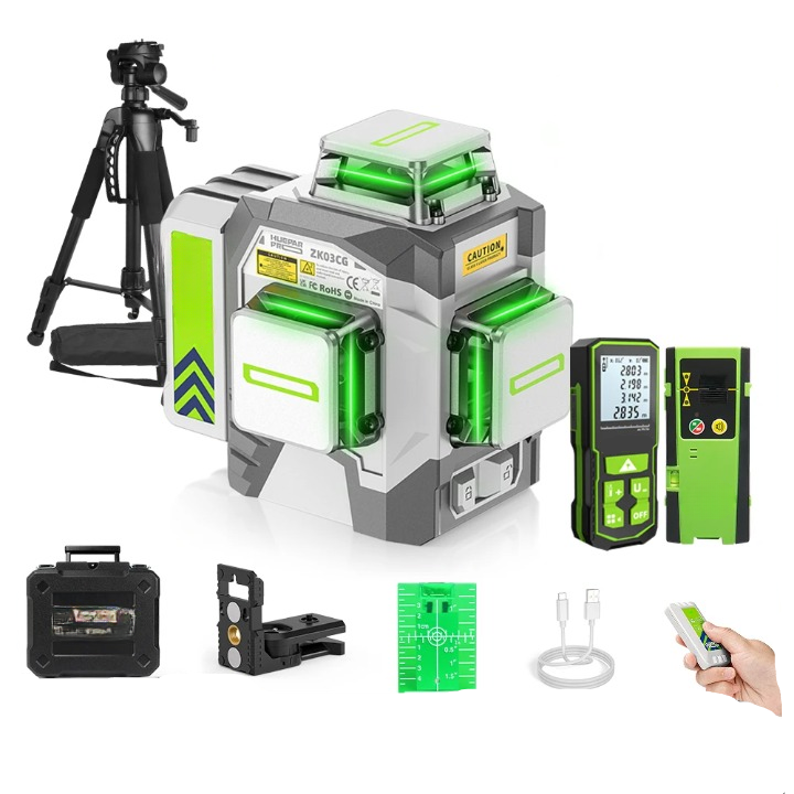 3D Laserwaterpas – Laserwaterpas – Zelfnivellerend – Groene Laser – Tripod – 12 Laserlijnen – 8000 mAh Accu - QUORE