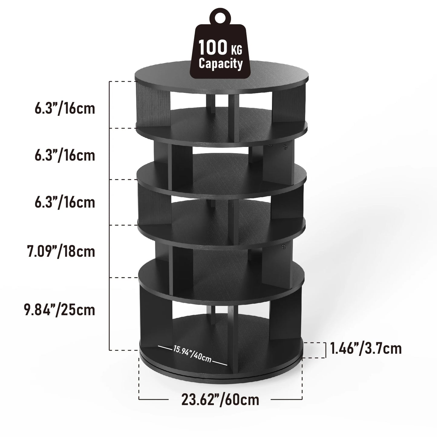Draaibare Schoenenkast – Schoenenrek – Schoenendisplay – Schoenopberger – Organizer – 360° Draaibaar – Vijf Vakken – Stevig Hout - 60 x 60 91 cm - Zwart