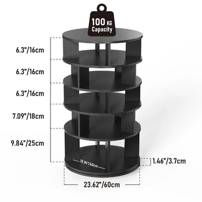Draaibare Schoenenkast – Schoenenrek – Schoenendisplay – Schoenopberger – Organizer – 360° Draaibaar – Vijf Vakken – Stevig Hout - 60 x 60 91 cm - Zwart