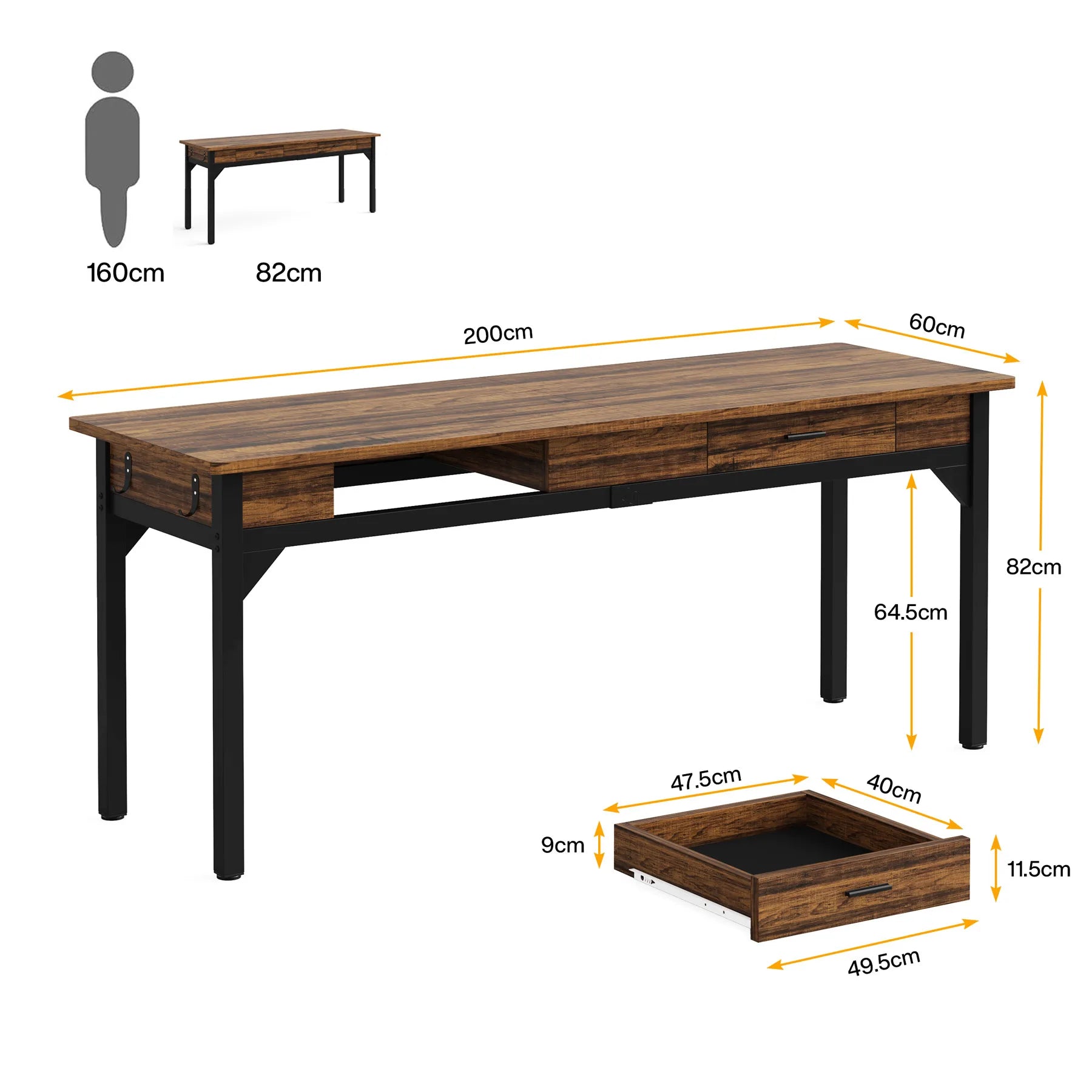 Bureau – Computerbureau – Bureautafel – Schrijftafel – Dubbel bureau – Extra Lang 200 cm – Stevig Metalen Frame – 2 Laden & 2 Haken – Chocoladebruin - QUORE