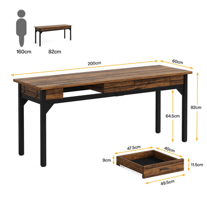 Bureau – Computerbureau – Bureautafel – Schrijftafel – Dubbel bureau – Extra Lang 200 cm – Stevig Metalen Frame – 2 Laden & 2 Haken – Chocoladebruin - QUORE