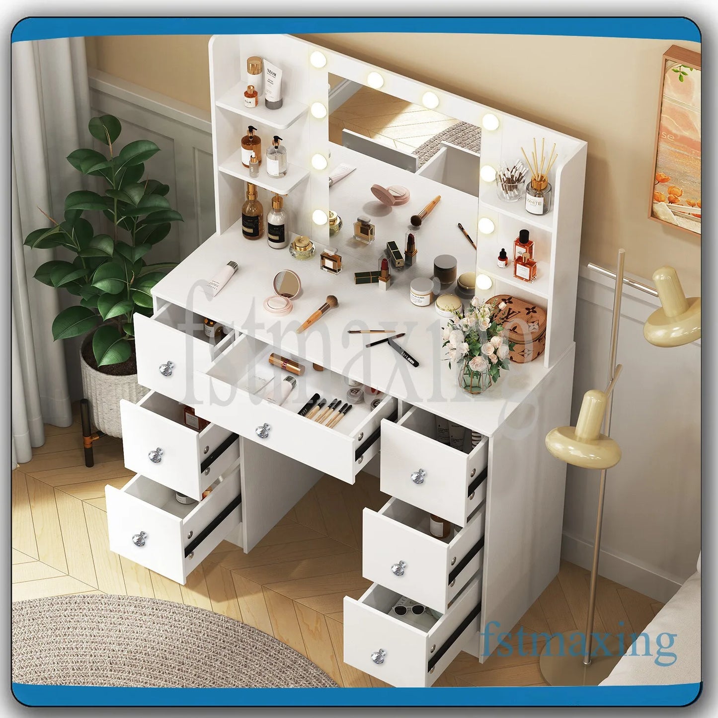 Makeuptafel – Kaptafel – Cosmeticatafel – Vanity Tafel – Schminktafel – Wit – 7 Laden & 6 Open Vakken – LED Spiegel met 3 Lichtkleuren