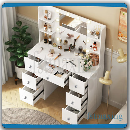 Makeuptafel – Kaptafel – Cosmeticatafel – Vanity Tafel – Schminktafel – Wit – 7 Laden & 6 Open Vakken – LED Spiegel met 3 Lichtkleuren