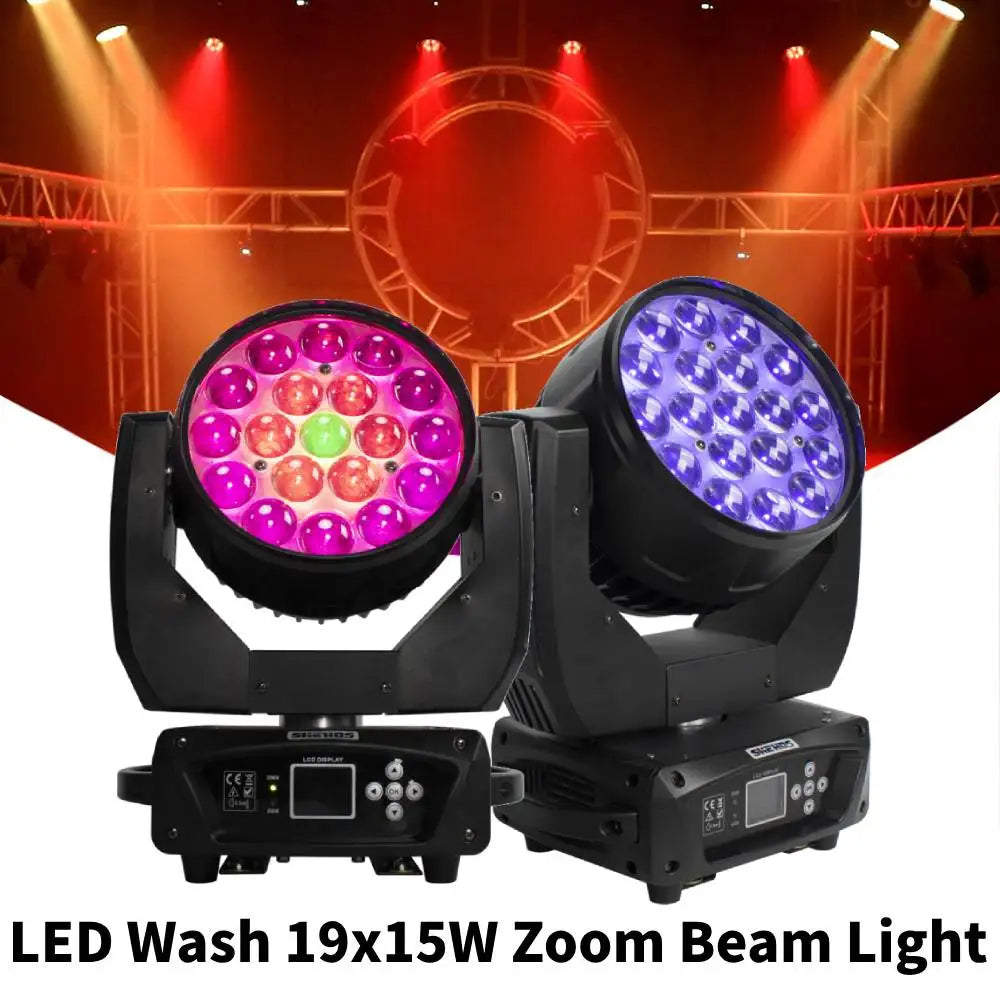 LED Wash Moving Head – LED Beam Verlichting – Stage Licht – DJ Licht – Disco Lamp – 2pcs EU Plug – 19x15W RGBW LEDs – Zoomfunctie 10°-60° - QUORE