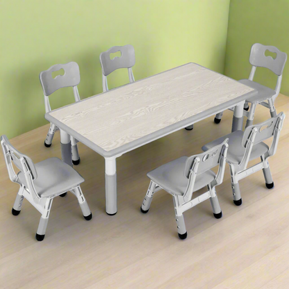 Kindertafel Met 6 Stoelen – Kindermeubel – Speeltafel – Schrijftafel – Kids Desk – Verstelbare Hoogte – Duurzaam Kunststofhout - Grijs - QUORE
