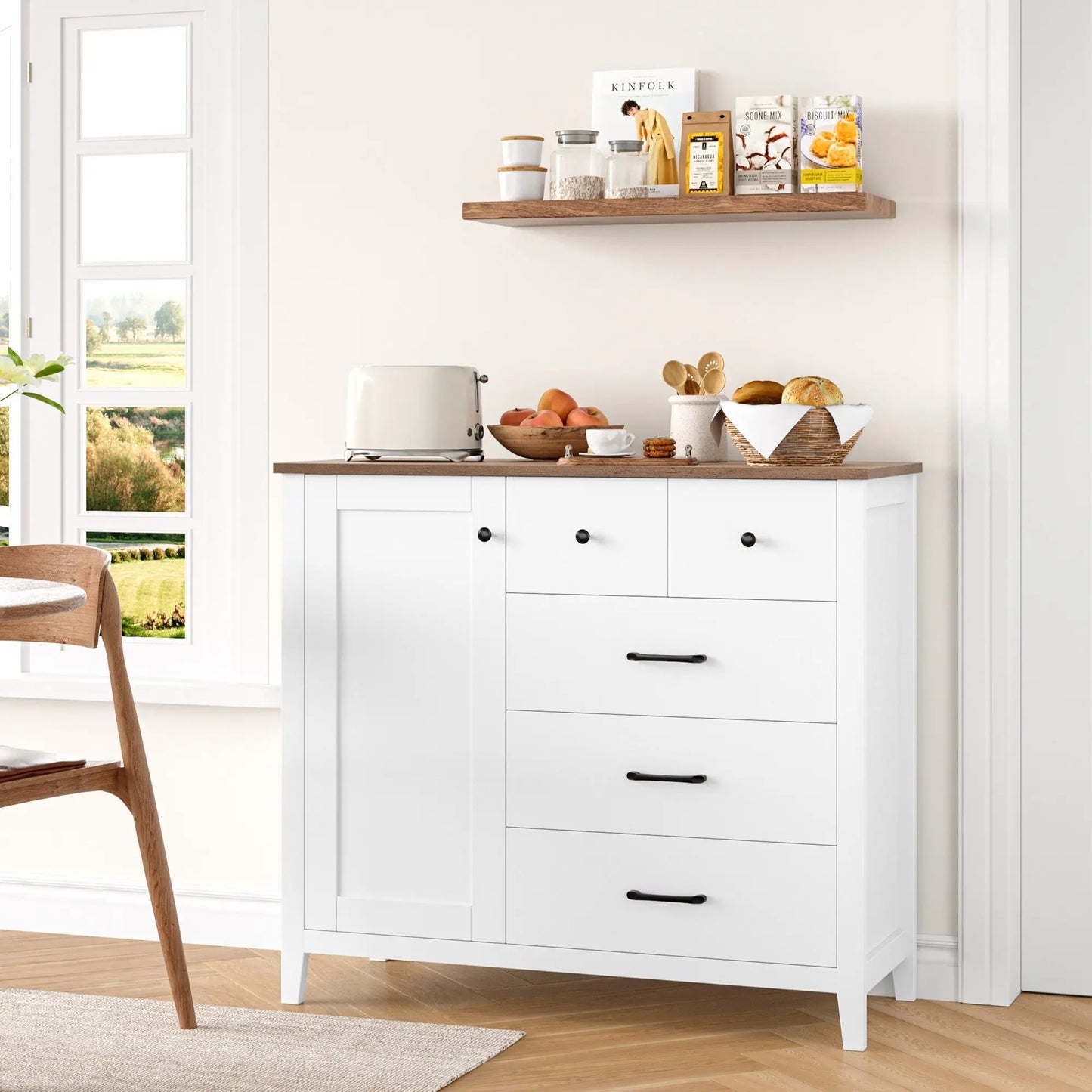 Sideboard – Dressoir – Buffetkast – Keukenkast – Halmeubel – Wit Met Bruine Accenten – 5 Laden en 1 Deur – Duurzaam MDF – Ruim Werkblad 100x40 cm