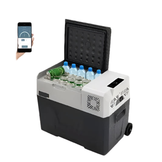 Autokoelkast - Koelbox - Elektrische Koelbox - Compressorkoelkast - 45L - 12V/24V - Draagbare - Mini Koelkast met Wielen en Uitschuifbare Handgreep - Kleine Koelkast - Koelvriesbox - voor Auto, Camper, Camping en Buitenavonturen - QUORE