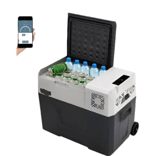 Autokoelkast - Koelbox - Elektrische Koelbox - Compressorkoelkast - 55L - 12V/24V - Draagbare - Mini Koelkast met Wielen & Trolley Handvat - Kleine Koelkast - Koelvriesbox - voor Camping, Picknick & Caravan