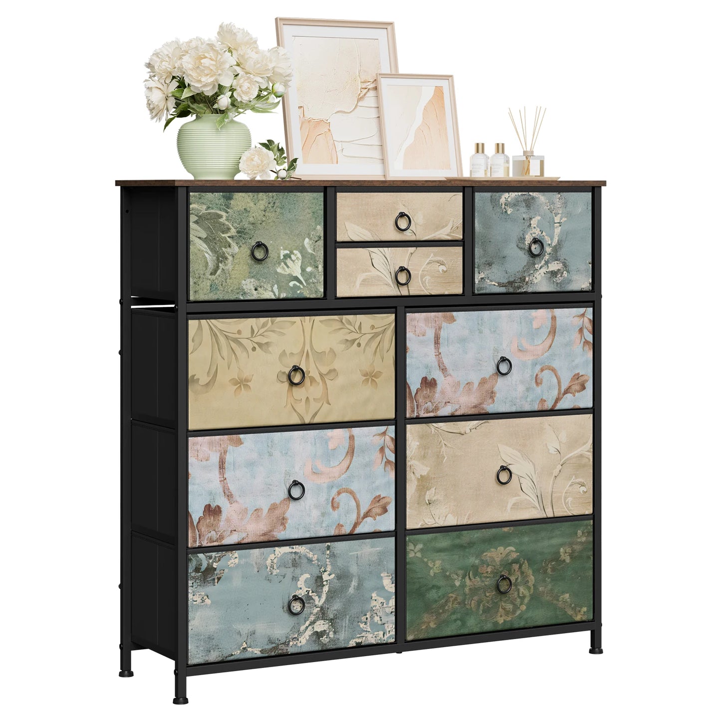 Opbergkast - Ladekast - Ladekastje - Ladenkastje - Ladenkast - Industrieel Stijl - Metaal Frame - voor Woonkamer - Slaapkamer en Hal - 8 Lades - Vintage Bruin Zwart