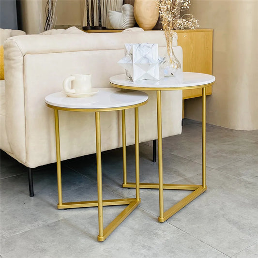 Round Side Tables - Small Table - Coffee Tables - Set of 2 - Marble Look - Gold Metal Frame - Nesting Tables - Anti-deformation - Space-saving - White