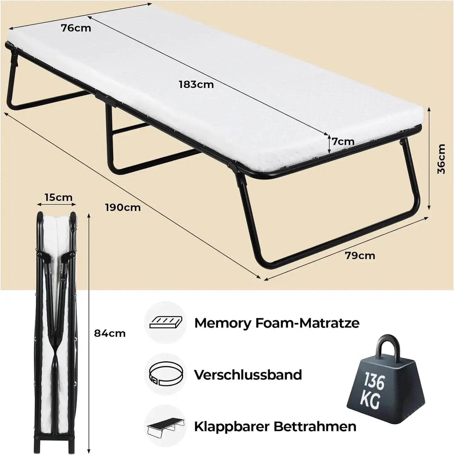 Logeerbed - Bed - Eenpersoonsbed - Opvouwbaar - 190x80cm - met 7cm Traagschuim Matras - Draagbaar - Inklapbaar Gastbed Zonder Wielen - Bedden - Bankstel