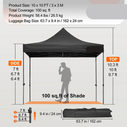 Party Tent - Opvouwbare - Pop-up Gazebo - Tuinpaviljoen - Waterdichte - 10x10FT - Afneembare Zijwanden - voor Feesten - Evenementen - Zwart