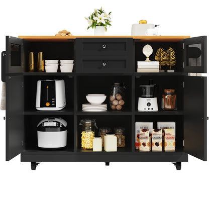 Kitchen island, dining cart with worktop, buffet cabinet, dining cart with wood grain, side towel rail,adjustable dividers,black - QUORE