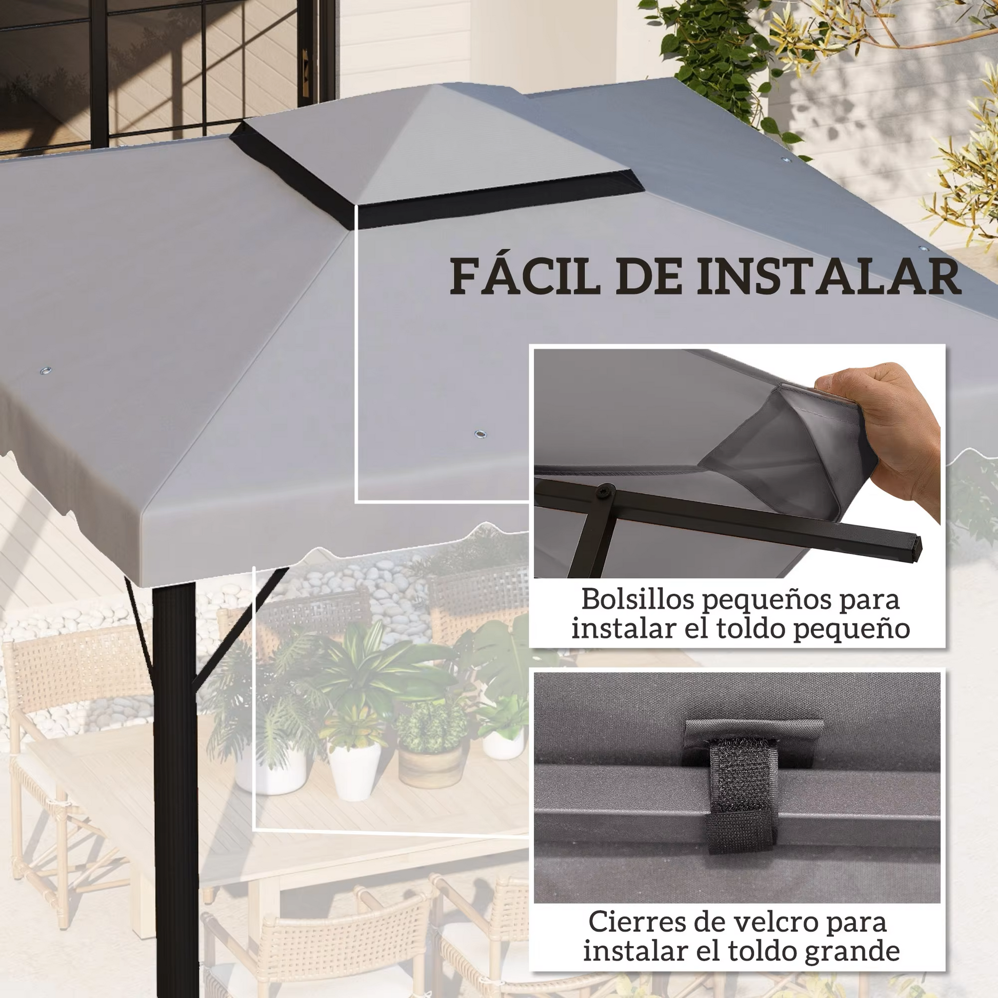 Gazebo - Tuin Dak - Reservedak - 2 Niveaus - Pergola Awning - met 170 g/m² Ademend Anti-UV Polyesterweefsel - PA-Coating - Stevig - Durzaam - voor Tuin - Buiten - 3 x 3 m - Lichtgrijs - QUORE