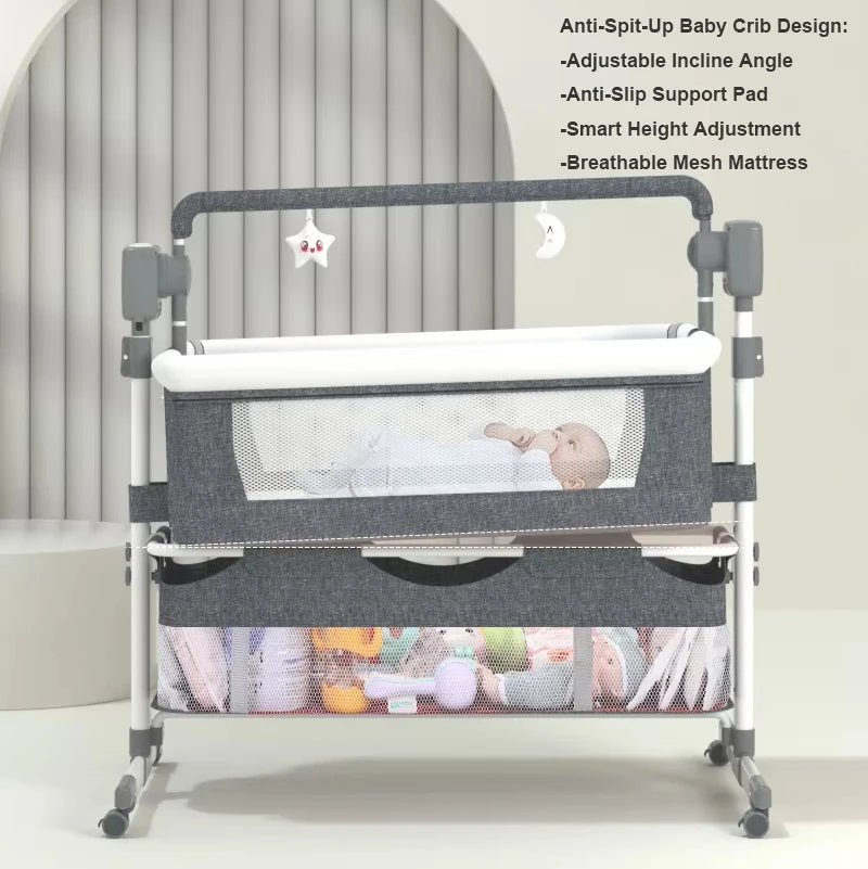 Electric 3-in-1 Baby Cradle Bedside Crib, High Chair and Rocker with Bluetooth, Remote Control, Storage Basket and Wheels for In