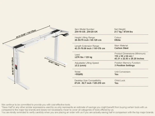 Elektrisch Zit-Sta Bureauframe - Verstelbaar Bureau Onderstel - Staand Bureauframe - Bureauonderstel - Hoogte Verstelbaar - 64-129cm - met Geheugenfunctie - voor Buro - Bureau Poten - Bureautafel - Burotafel - QUORE