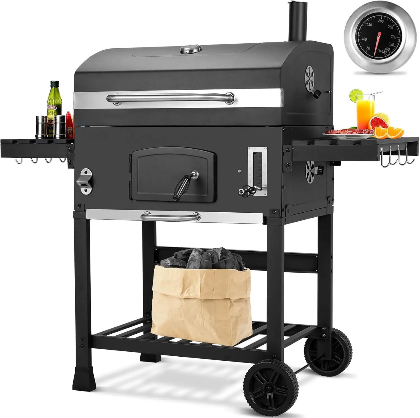 Houtskool Barbecue Trolley – Grote BBQ – BBQ Wagen – Houtskool Grill – Buitenbarbecue – Extra Groot Grilloppervlak – Ingebouwde Thermometer