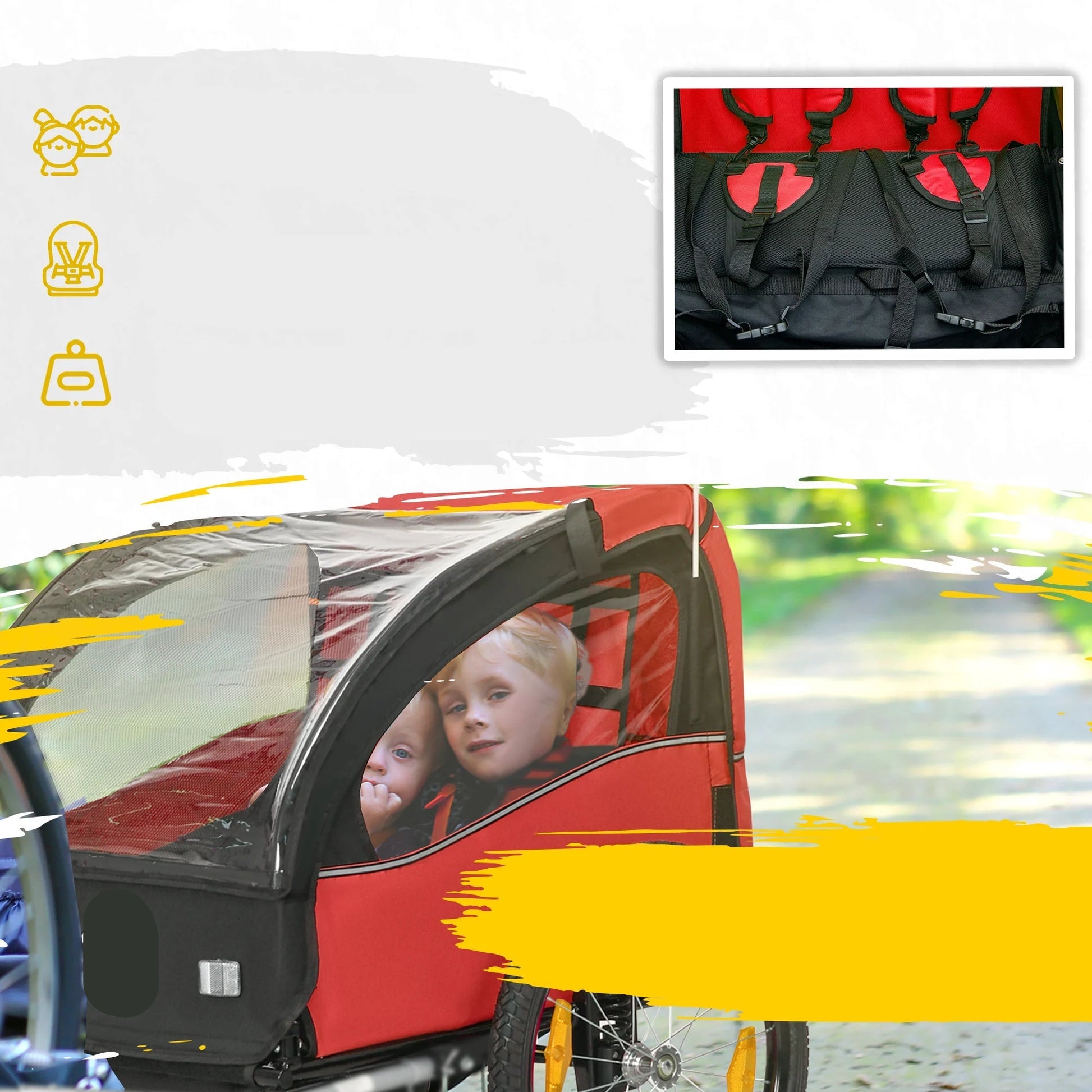 Fietskar voor Kinderen - Fietstrailer - Kinderfietskar - Fietsaanhanger - 2-Zits – 140x88x90 cm – Geschikt voor 18+ Maanden – Veilig & Comfortabel - Kids trailer voor twee personen - Rood - QUORE