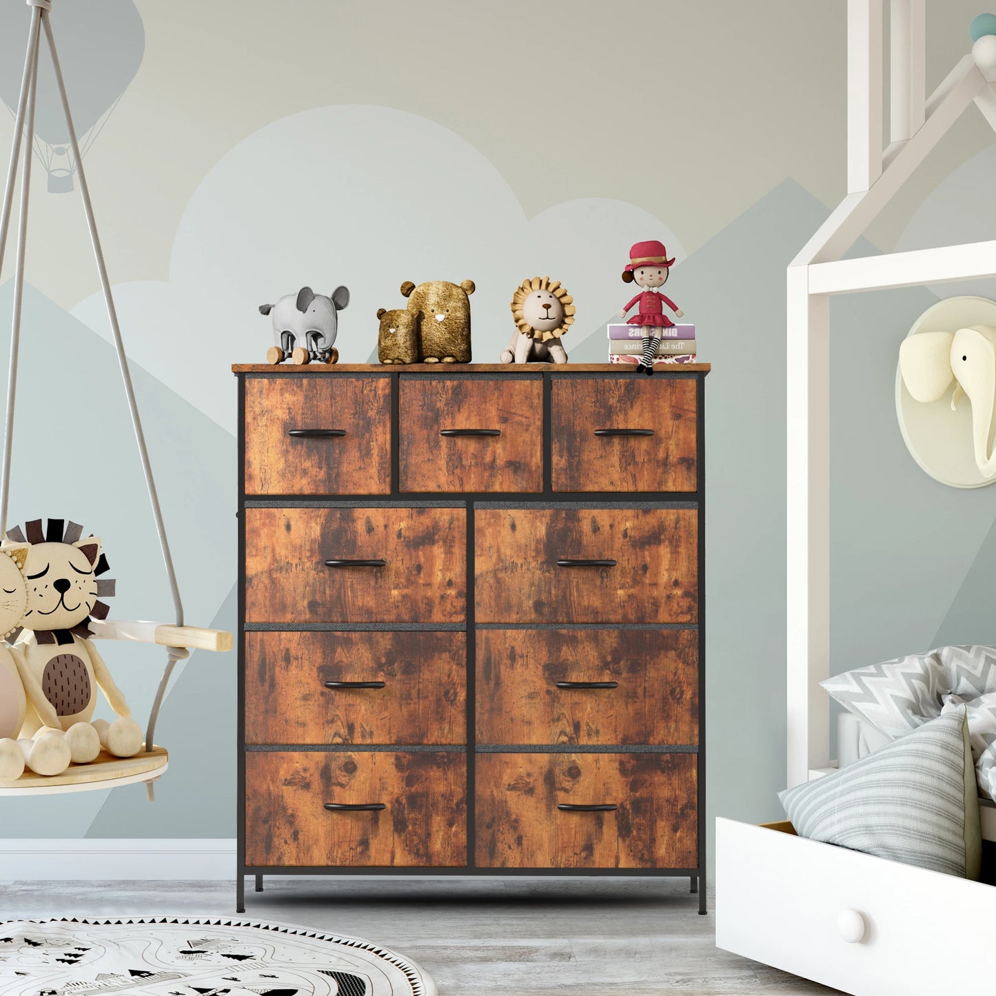 Ladekast - Ladenkastje - met 9 Stoffen Laden – Ruime Dressoir Kast - Stabiele Opbergkast - Compact en Ruimtebesparend - voor Slaapkamer en Kleding - Bruin
