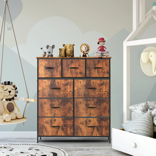 Ladekast - Ladenkastje - met 9 Stoffen Laden – Ruime Dressoir Kast - Stabiele Opbergkast - Compact en Ruimtebesparend - voor Slaapkamer en Kleding - Bruin