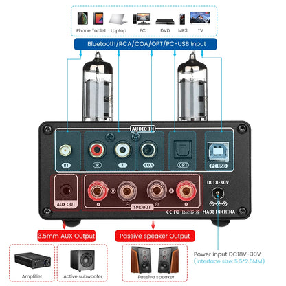 AIYIMA Audio T9 HiFi Bluetooth 5.0 Versterker - Vacuum Tube Amplifier met USB DAC, COAX, OPT & VU Meter - Stereo Amplificator voor Audio Enthousiastelingen - QUORE