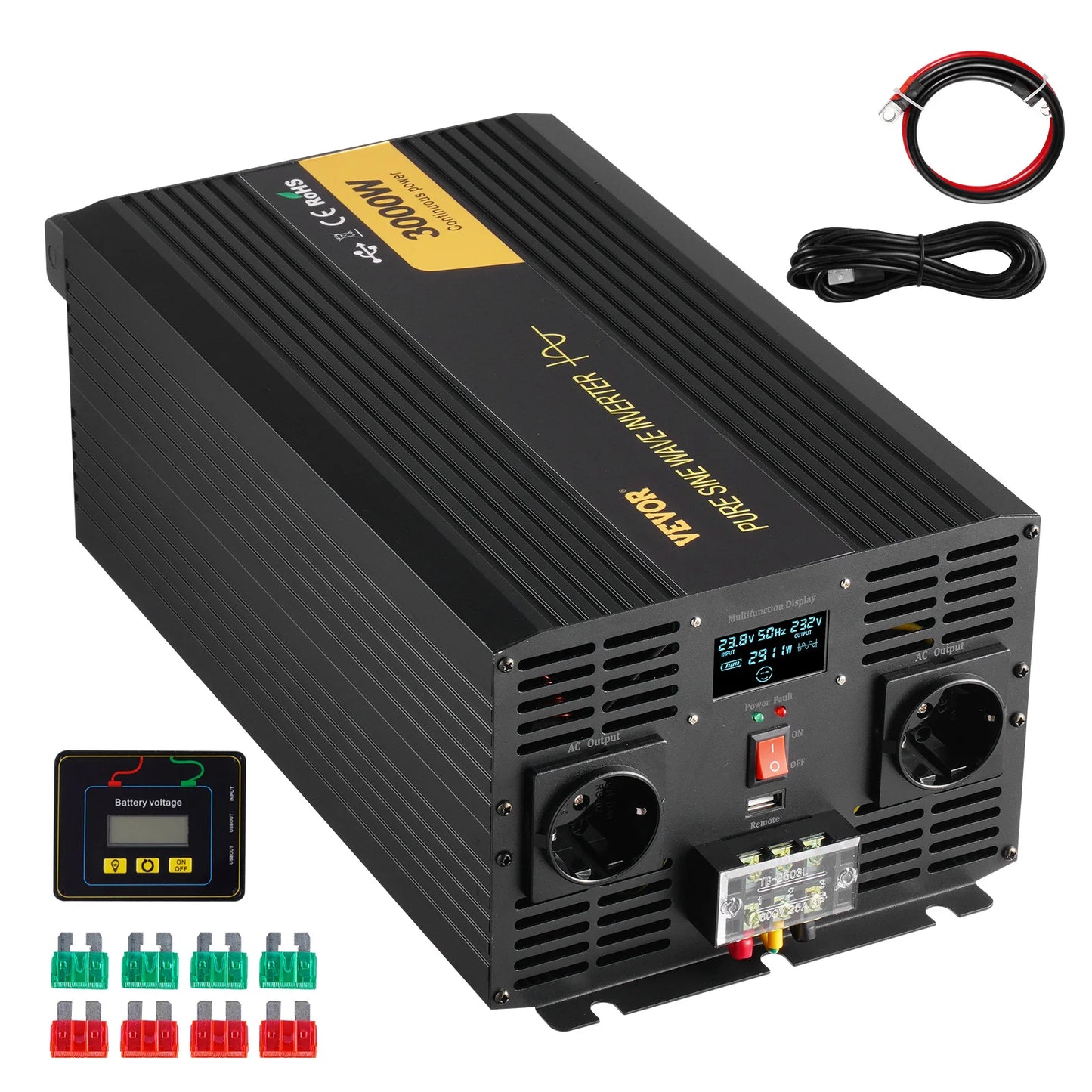 Omvormer – Stroomomvormer – Spanningsomzetter – DC Naar AC – 3000W Continue Vermogen – Zuivere Sinusgolf