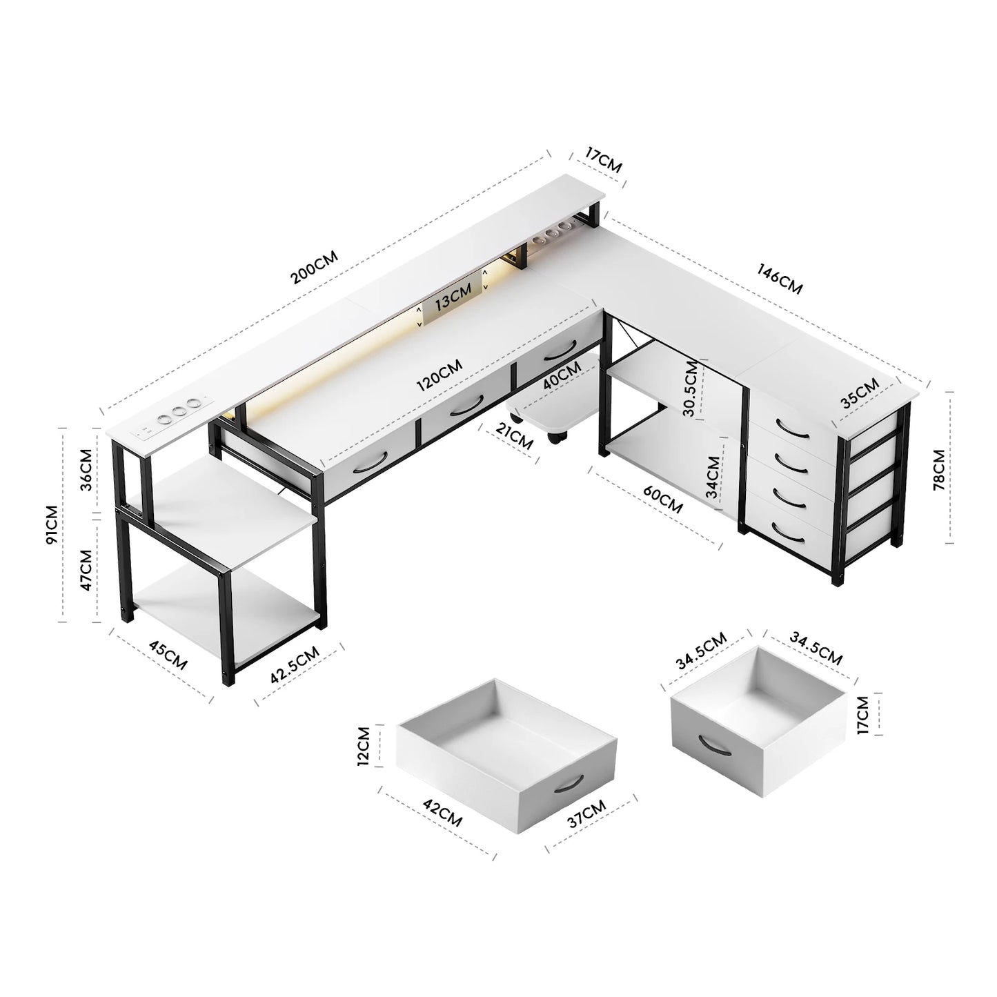L-Vormig Bureau – Computerbureau – Gamersbureau – Werktafel – Hoekbureau – Slimme Led-Verlichting – Ruim Opbergmeubel – Wit – Groot Werkoppervlak – Ergonomische Monitorstandaard - QUORE