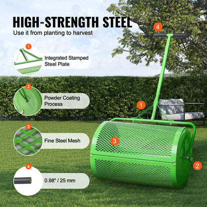 Vevor - Compost Spreader - Compost - 24 in Push/Tow-Behind Roller Grass Spreader with Height Adjustable T-Handle