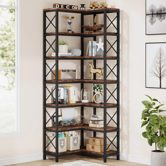 Hoekkast - Boekenkast - Hoekrek - Woonkamer - Slaapkamer - 78.74” - 7-Tier Hoog Ontwerp - L-vormige Ruimtebesparende Planken – Stevig Metalen Frame & MDF - Bruin