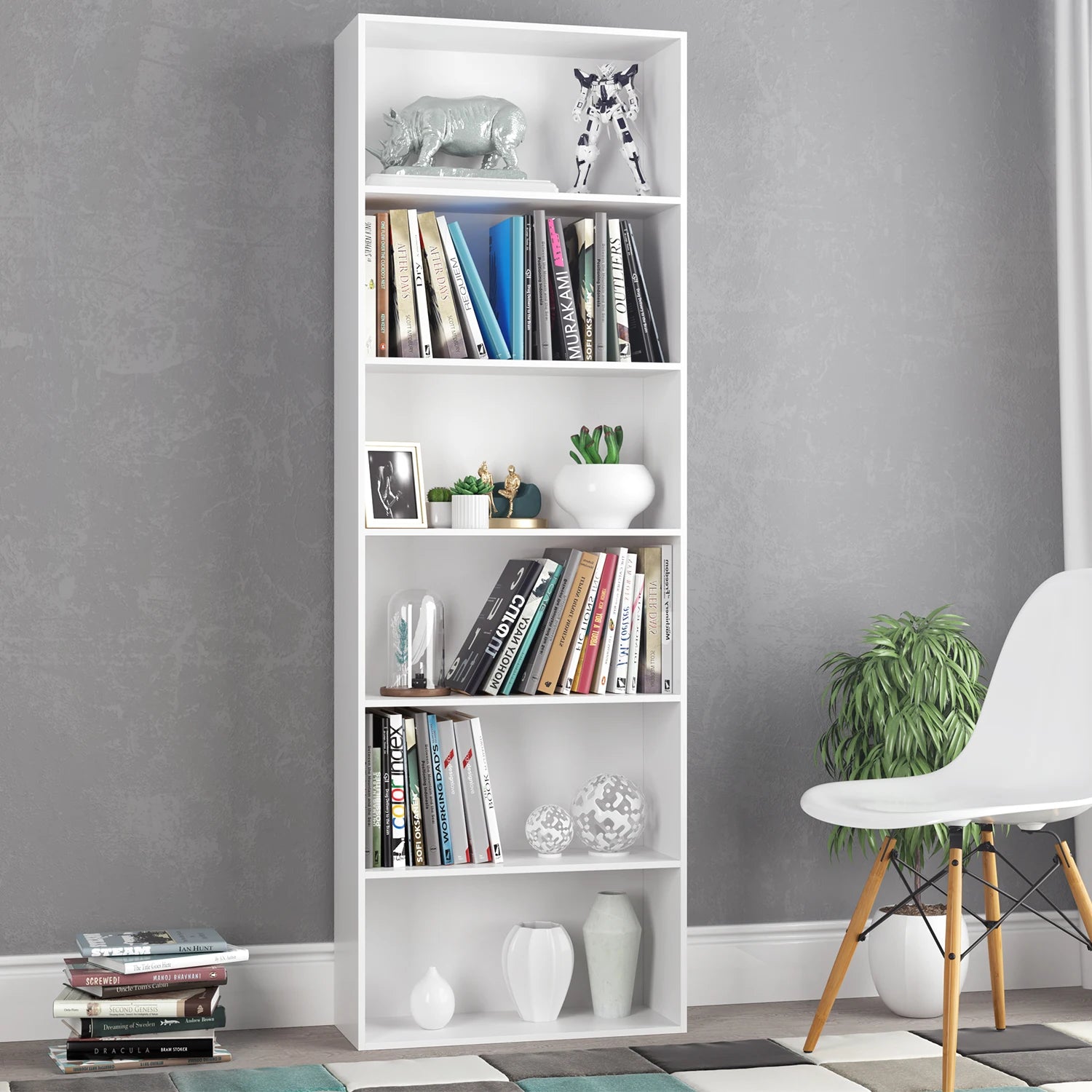 Boekenkast - Kast - Boekenrek - Hoge Kasten - Boekenkasten - 6-Tier - 180 cm Display Rek - Houten Opbergkast voor Woonkamer - Opbergsysteem - Eiken - QUORE