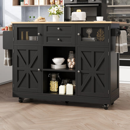 Kitchen island, dining cart with worktop, buffet cabinet, dining cart with wood grain, side towel rail,adjustable dividers,black - QUORE