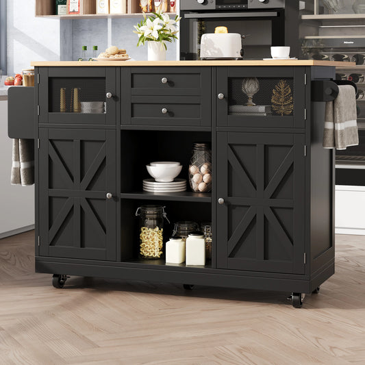 Kitchen island, dining cart with worktop, buffet cabinet, dining cart with wood grain, side towel rail,adjustable dividers,black - QUORE