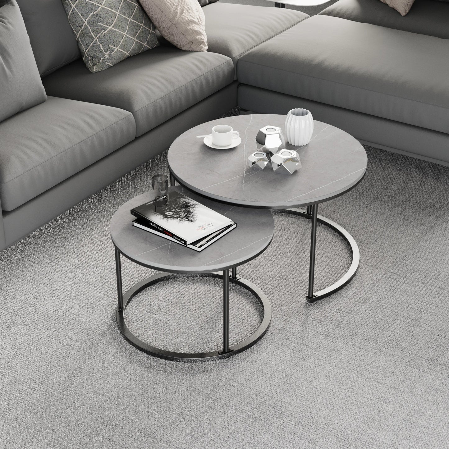 Salontafel - Tafel - Koffietafel - Dining Table - Set van 2 - Natuurlijke Marmeren Nesttafels in Donkergrijs met Metalen Poten - Rond - QUORE
