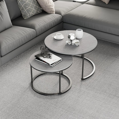 Salontafel - Tafel - Koffietafel - Dining Table - Set van 2 - Natuurlijke Marmeren Nesttafels in Donkergrijs met Metalen Poten - Rond - QUORE