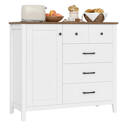 Sideboard – Dressoir – Buffetkast – Keukenkast – Halmeubel – Wit Met Bruine Accenten – 5 Laden en 1 Deur – Duurzaam MDF – Ruim Werkblad 100x40 cm