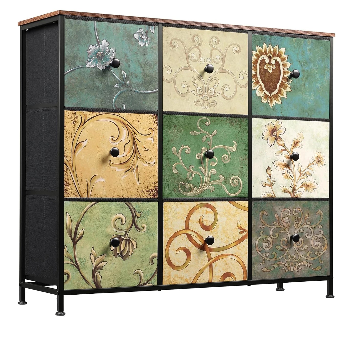 Ladenkast - Dressoir Kasten - Ladekast met 9 Stoffen Lades - Vintage Houtlook - Stabiele Opbergkast - Metaal Frame - Voor Slaapkamer - Woonkamer - Hal - 100 x 30 x 86.5 cm - Antiquiteit