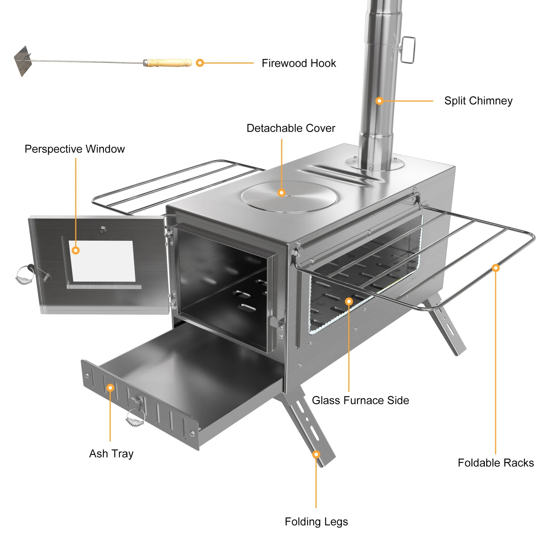 Camping Houtkachel - Houtkachel Stove - Draagbaar Houtkachelfornuis - Outdoor Houtkachel - RVS - Lichtgewicht - Houtskool Barbecues - voor Tentverwarming & Outdoor Cooking - Zilver - QUORE