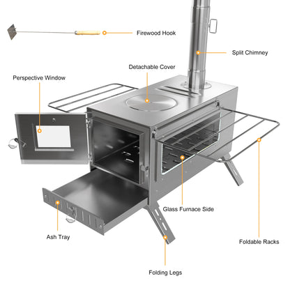 Camping Houtkachel - Houtkachel Stove - Draagbaar Houtkachelfornuis - Outdoor Houtkachel - RVS - Lichtgewicht - Houtskool Barbecues - voor Tentverwarming & Outdoor Cooking - Zilver - QUORE
