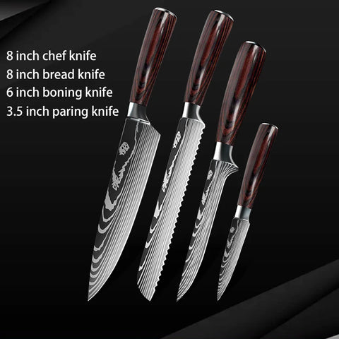 Keukenmessen - Knife set - Chef Knife - Knives - Kitchen Knife - Roestvrij staal met hoog koolstofgehalte - Damascus-tekening - Hakmesset - Santoku-koksmes - 7stuks