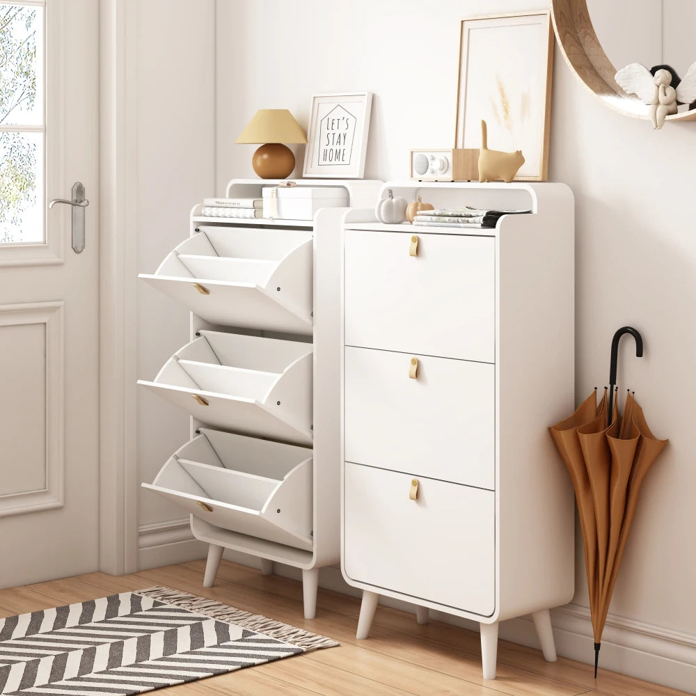 Schoenenrek – Smalle Schoenenkast – Schoenopberger – Schoenenkastje – 3 Uitklapbare Laden – Ruimtebesparend – MDF Met Houten Poten
