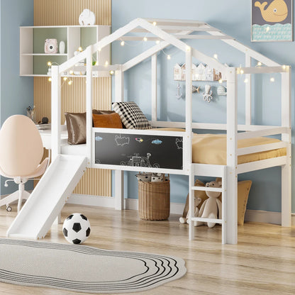 Kinderbed 90 x 200 cm – Hoogslaper – Speelbed – Stapelbed – Videbed – Massief Hout – Glijbaan en Krijtbord – Grijs Variant
