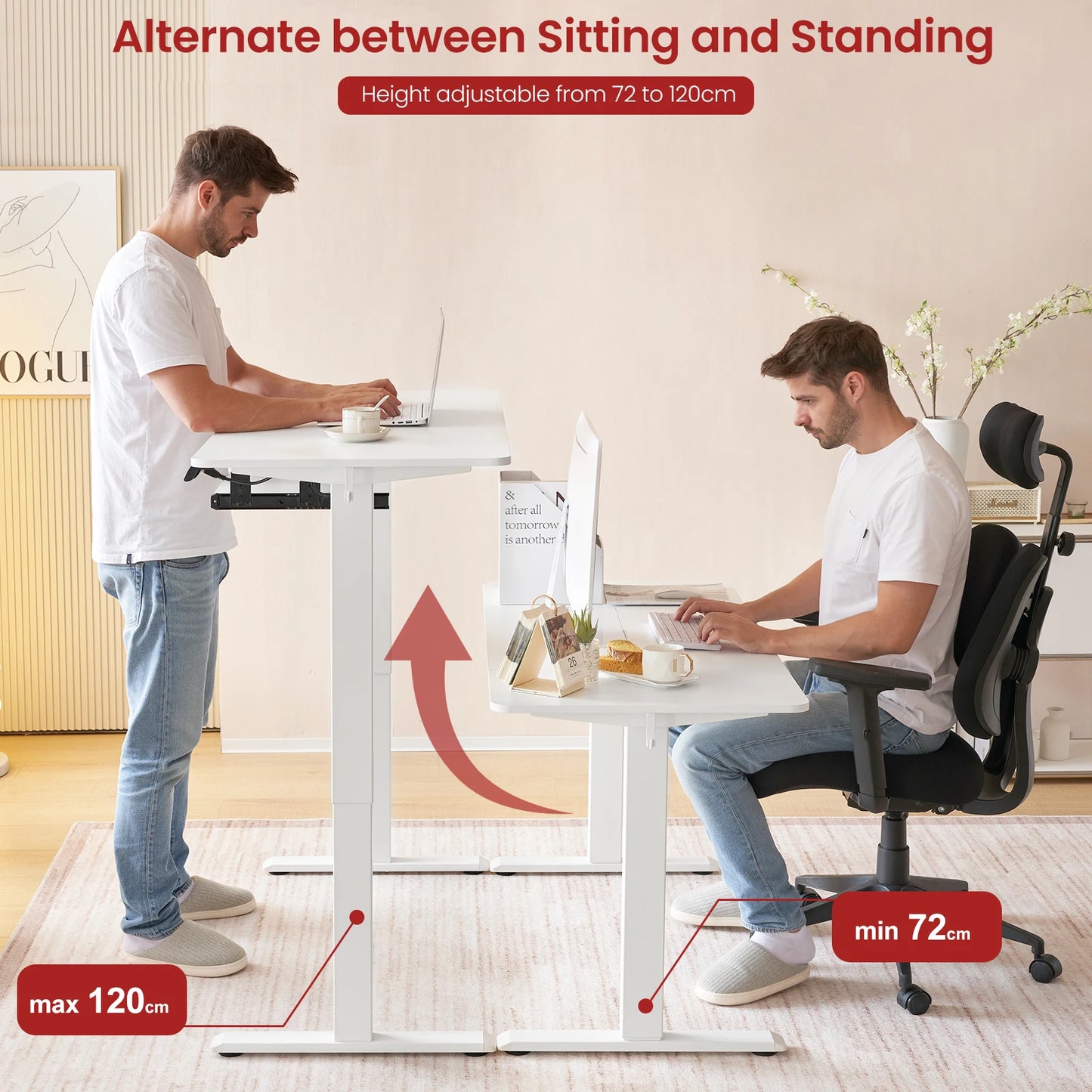 Zit-Sta Bureau - Bureau - Computerbureau - Computertafel - Game Bureau - Kantoor Tafel - Elektrisch - 140x60cm - Staand Bureau - Geheugenfunctie - Hoekbureau - Kabelbeheer & Haakjes - Wit