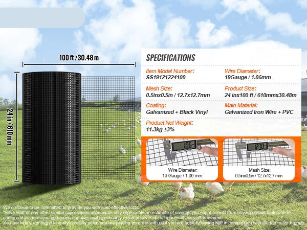 Tuingaas - Kippengaas - Kippengaas - Vogelgaas - Vogelnet - Gegalvaniseerd Gaasrol - 24"x100ft – 19Ga Met Vinylcoating – Metaaldraad Rooster voor Kippenren, Barrière of Dierverblijf - Zwart - QUORE
