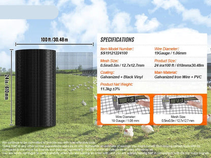 Tuingaas - Kippengaas - Kippengaas - Vogelgaas - Vogelnet - Gegalvaniseerd Gaasrol - 24"x100ft – 19Ga Met Vinylcoating – Metaaldraad Rooster voor Kippenren, Barrière of Dierverblijf - Zwart - QUORE