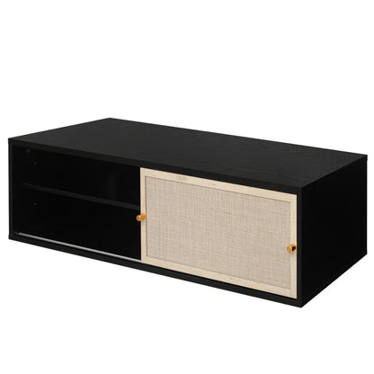 Kast – Boekenkast – Tv-Meubel – Woonkamerkast – Schuifdeuren – Geperst Rattan – Verstelbare Planken - 110 x 40 x 30.8 cm - Zwart