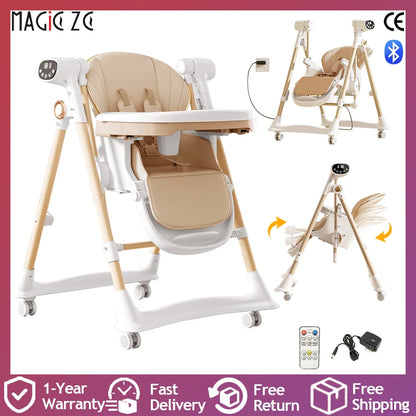3-in-1 Baby Feeding Dining High Chair with Smooth Electric Swing and Convertible Reclining Bed Seat for Comfortable Eating Sleep