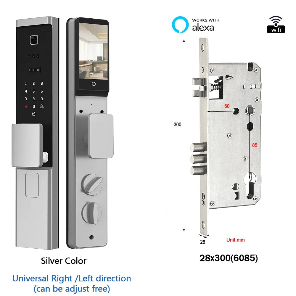 Smart Slot – Slimme Deurslot – Elektronisch Slot – Vingerafdrukslot – App Bediening – 3D Gezichtsherkenning – Weerbestendig Aluminium - Zilverkleur - 28x300 - 6085 insteekslot - QUORE